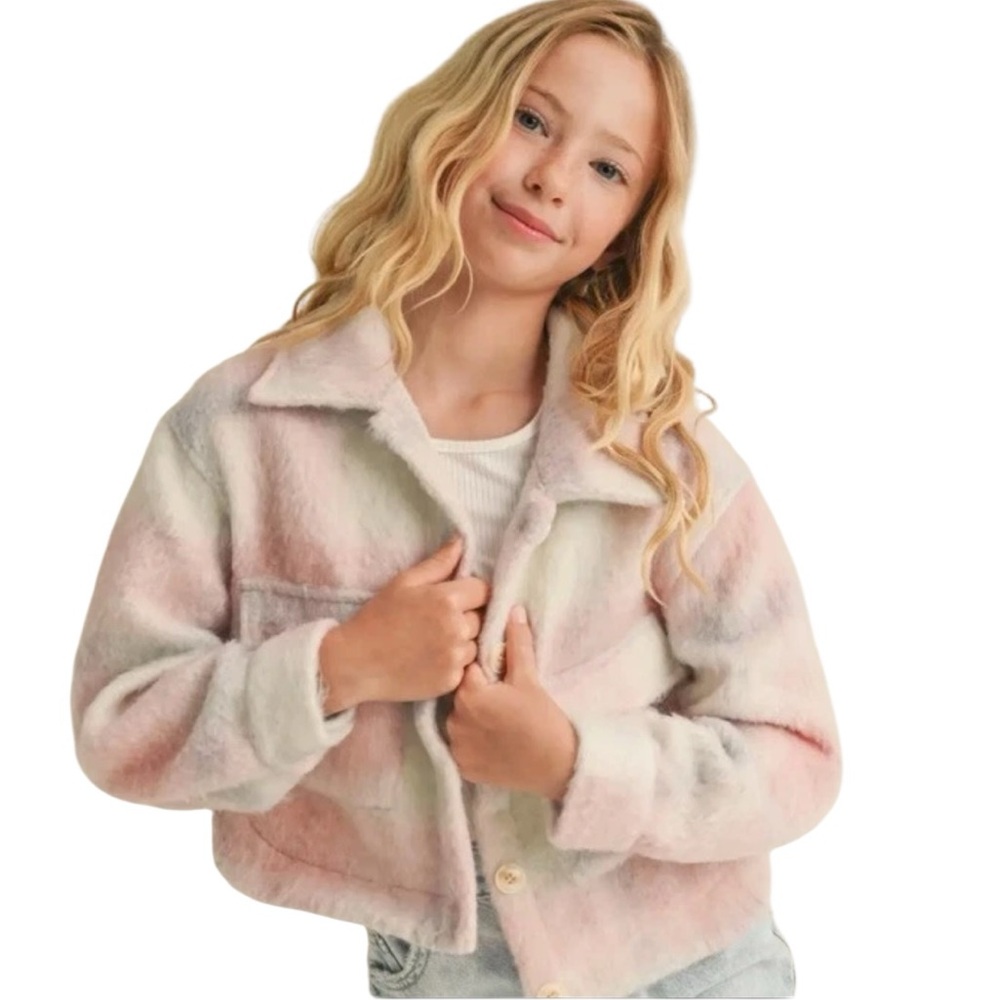 NWT Heart And Arrow Pink Plaid Cropped Fuzzy Jacket Size 10/12